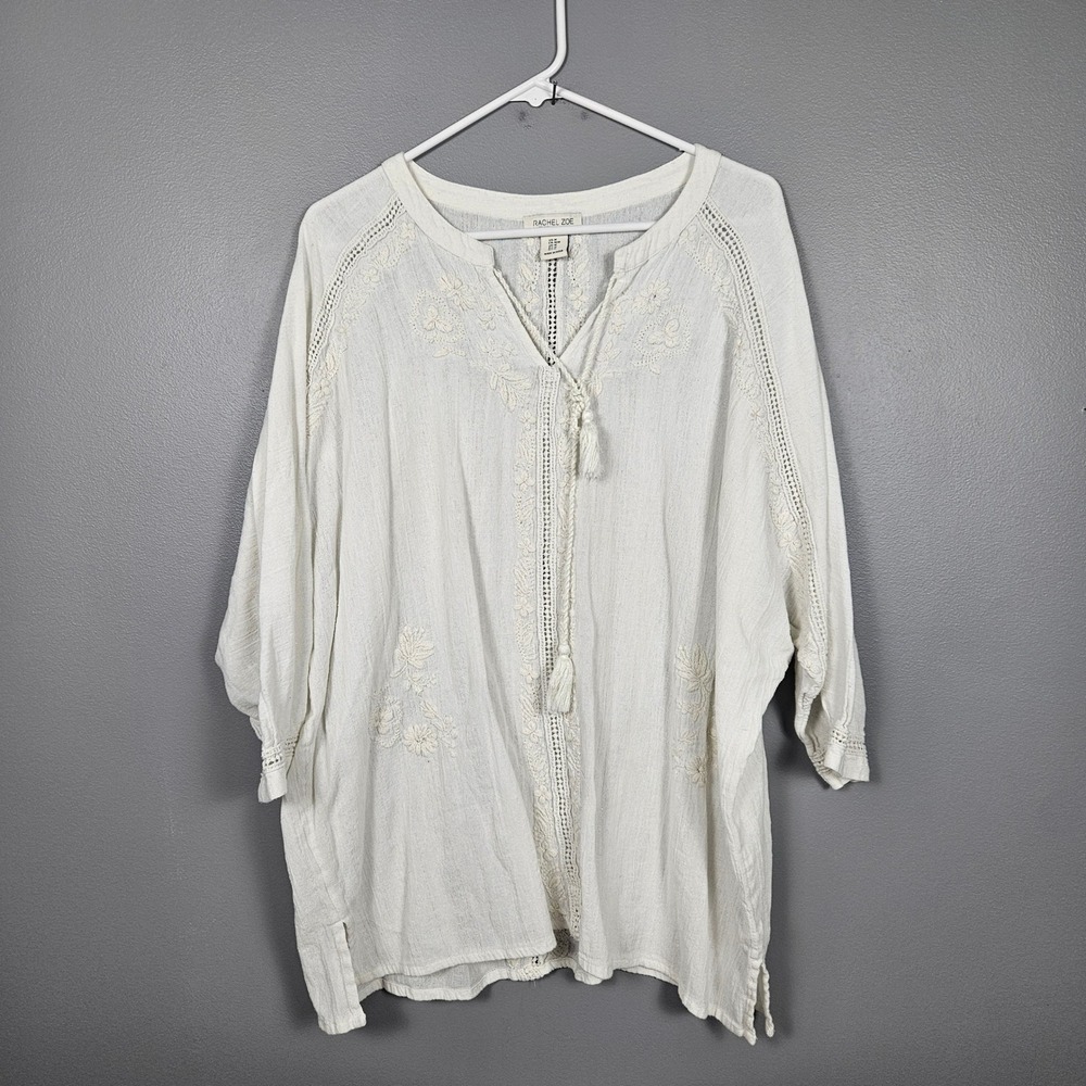 Rachel Zoe Womens M Peasant Blouse‎ Embroidered Boho Semi Sheer Cream Festival